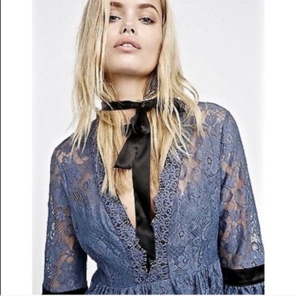 Free People Dusty Blue Lace Dress w/ Neck Tie